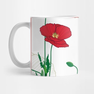 Poppy flowers/wild flowers/white lines poppy/red background/poppy/large scale/summer time/cotton/white flowers Mug